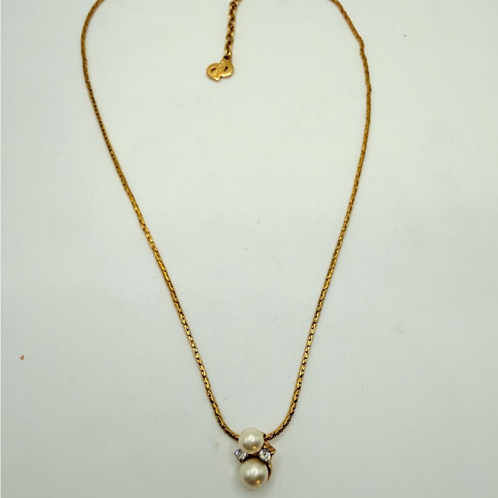 Christian Dior Authentic Double Pearl Crystal Pendant Necklace Signed Vintage - Picture 2 of 6